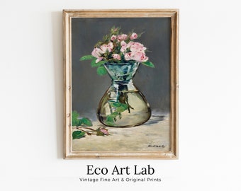 Roses in Vase Painting, Famous Édouard Manet Art Print. Instant Download Printable Manet Fine Art. Vintage Still Life Pink Roses Painting