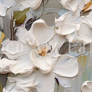 a textured painting featuring white flowers. The artist has used thick, impasto brush strokes to create a sense of depth and movement. The petals of the flowers are rendered in bold white paint, while hints of brown and yellow mark the centers