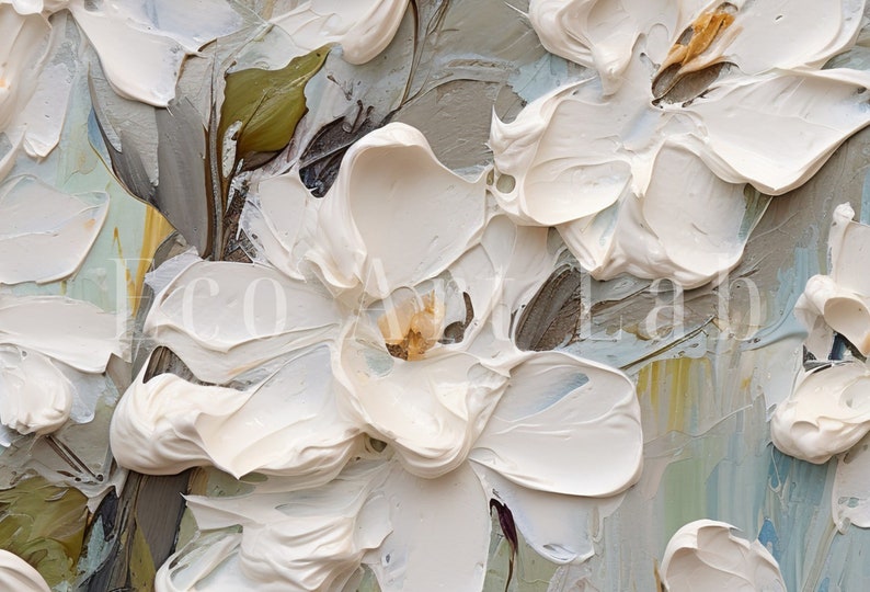 a textured painting featuring white flowers. The artist has used thick, impasto brush strokes to create a sense of depth and movement. The petals of the flowers are rendered in bold white paint, while hints of brown and yellow mark the centers