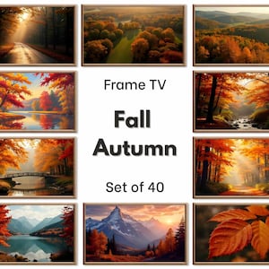 May include: A collection of framed landscape art prints featuring autumnal scenes. The images showcase vibrant fall foliage, forests, rivers, and mountains. The text "Frame TV Fall Autumn Set of 40" is displayed.