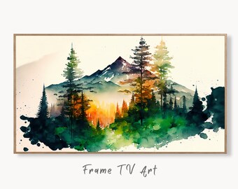 Samsung Frame TV Art 4K Watercolor Forest Mountain Landscape Digital Painting. Instant Download Forest Art for Samsung Frame TV. Art for TV