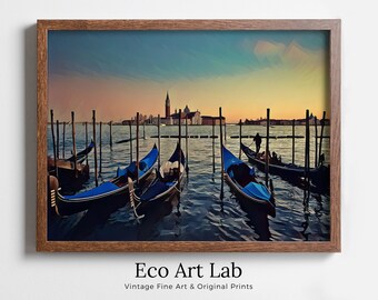 Gondolas in Venice City Landscape Painting. Printable Wall Art. Digital Art Venice Print Instant Download. Home or Office Decor Italy Poster