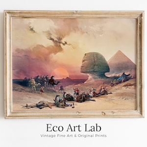 Arte de la pared del antiguo Egipto. Gran Esfinge de Giza y Pirámide. Impresión de arte egipcio. Arte imprimible. Paisaje egipcio vintage. Descarga digital