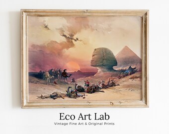 Ancient Egyptian Wall Art. Great Sphinx of Giza & Pyramid. Egyptian Art Print. Printable Art. Vintage Egyptian Landscape. Digital Download
