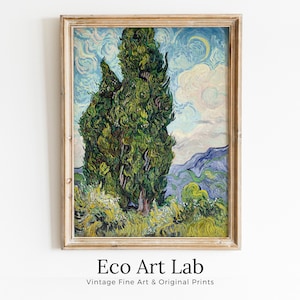 May include: A framed painting of a landscape with two tall, green cypress trees in the foreground. The sky is blue with white clouds and a crescent moon. The painting is in the style of Vincent van Gogh.