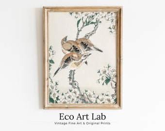 Vintage Meadow Bunting and Pear Flower Japanese Painting. Japanese Wall Art Printable Poster. 19th Century Japanese Birds Vintage Wall Art