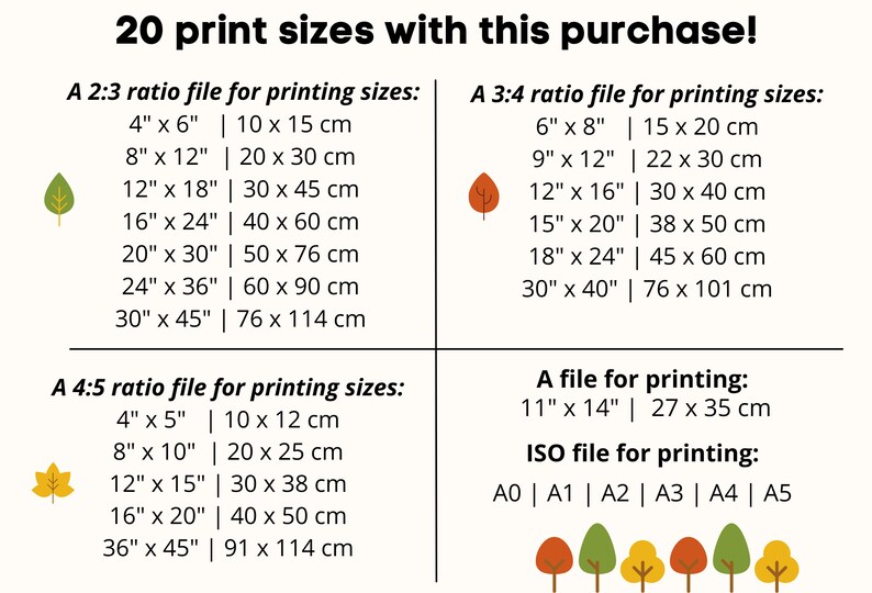 May include: A chart showing 20 different print sizes available for purchase. The chart is divided into four sections: A 2:3 ratio file, A 3:4 ratio file, A 4:5 ratio file, and a file for printing. Each section lists the print size in inches and centimeters. The chart also includes an ISO file for printing, which lists the sizes A0 through A5.