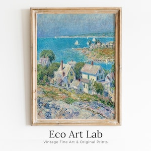 Seaside Town Impressionist Vintage Painting. Landscape Printable Wall Art. Ocean View Antique Oil Painting. Nautical Wall Decor. Boats Art.