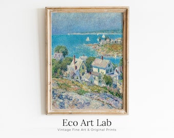 Seaside Town Impressionist Vintage Painting. Landscape Printable Wall Art. Ocean View Antique Oil Painting. Nautical Wall Decor. Boats Art.