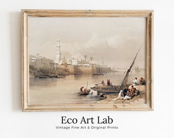 Ancient Egyptian Wall Art. View on the Nile. Egyptian Art Print. Antique Printable Wall Art. Vintage Egyptian Landscape. Digital Download