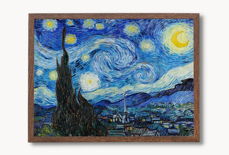 May include: A framed painting of a starry night sky with a crescent moon and a village in the foreground. The sky is painted in swirling blue and yellow hues with white stars. The village is painted in shades of blue and green.