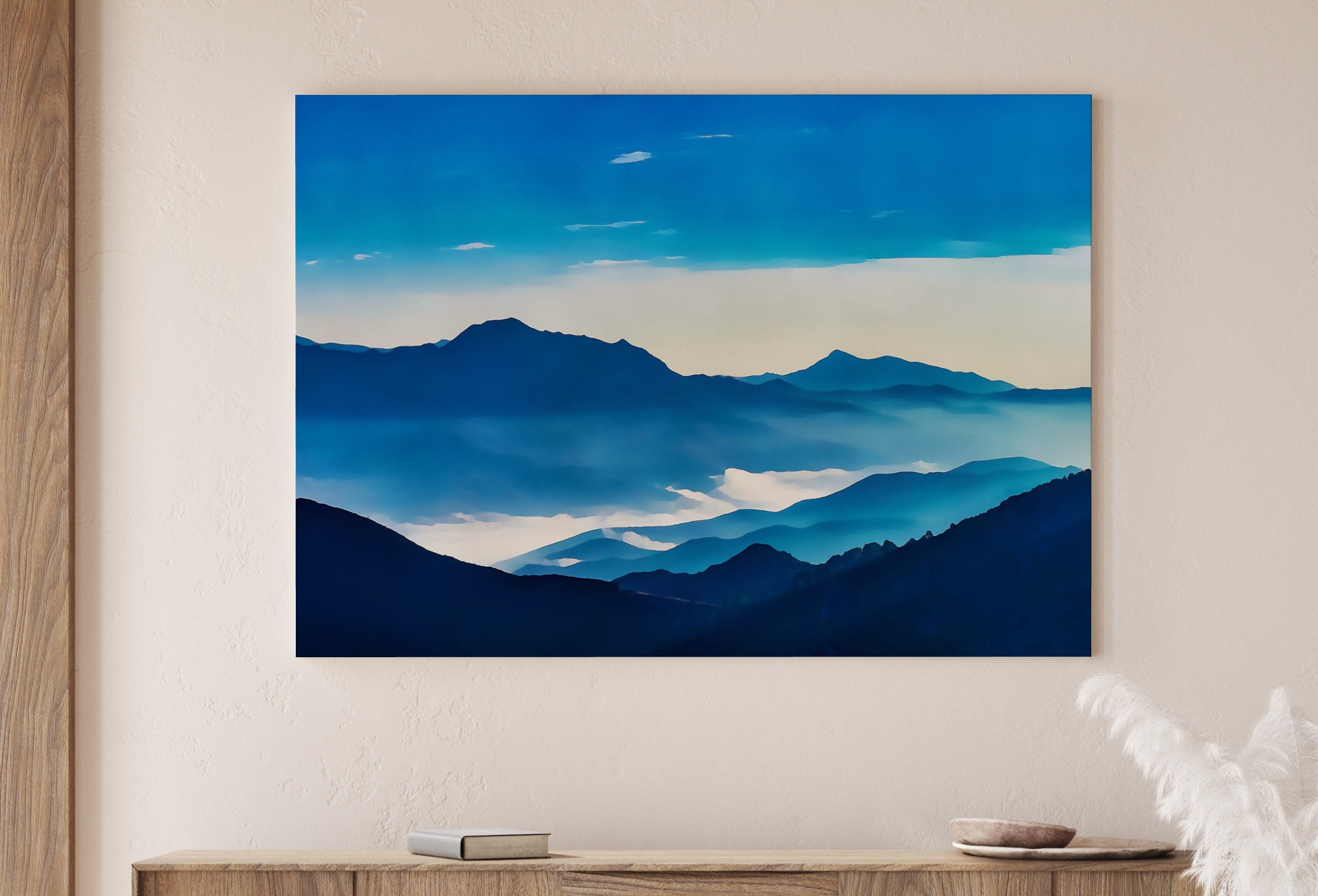 Big Abstract Painting Digital Wall Art Blue Indigo Landscape Mountain Hill  Printable Instant Download DIY Print Home Decor 