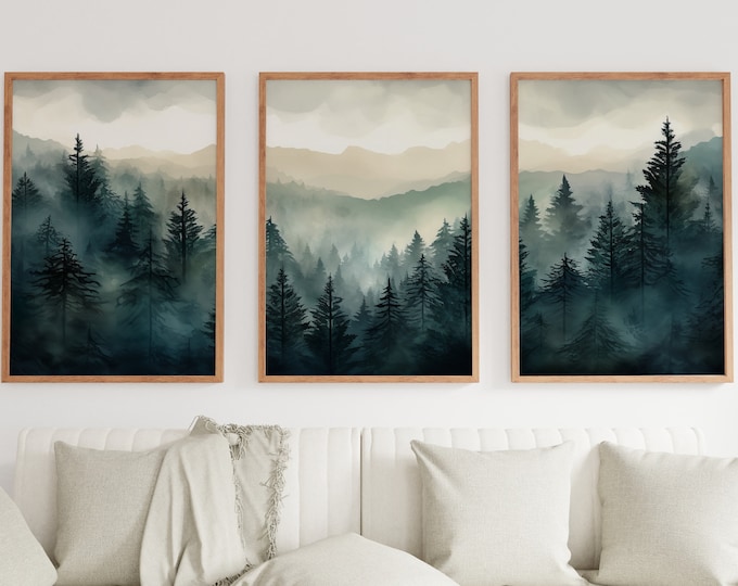 Featured listing image: Set of 3 Prints. Watercolor Mountain Prints. Landscape Print Set. Mountain Wall Art. Gallery Wall Set. 3 Piece Wall Art. Modern Home Decor