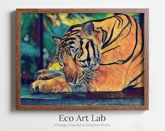 Sleeping Tiger Wall Art Print, Year of the Tiger Printable Wall Art, Colorful Tiger Painting, Animal Print, Nature Wildlife Instant Download