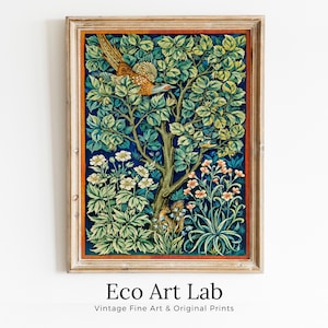 Póster de arte mural botánico, estampado floral vintage, arte de pared imprimible digital con diseño de vida silvestre, naturaleza, flores, pájaros y ardillas, estilo Art Nouveau.