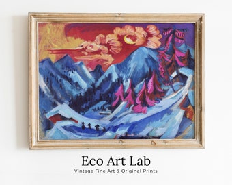 Vintage Abstract Mountain Landscape Painting. Colorful Wall Art Print. Winter Landscape in Moonlight Abstract Art. Mountain Printable Art