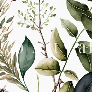 May include: Watercolor illustration of various green leaves and branches with brown stems. The leaves are in shades of green, with some having a yellow tint. The branches are thin and delicate, and the leaves are arranged in a random pattern.
