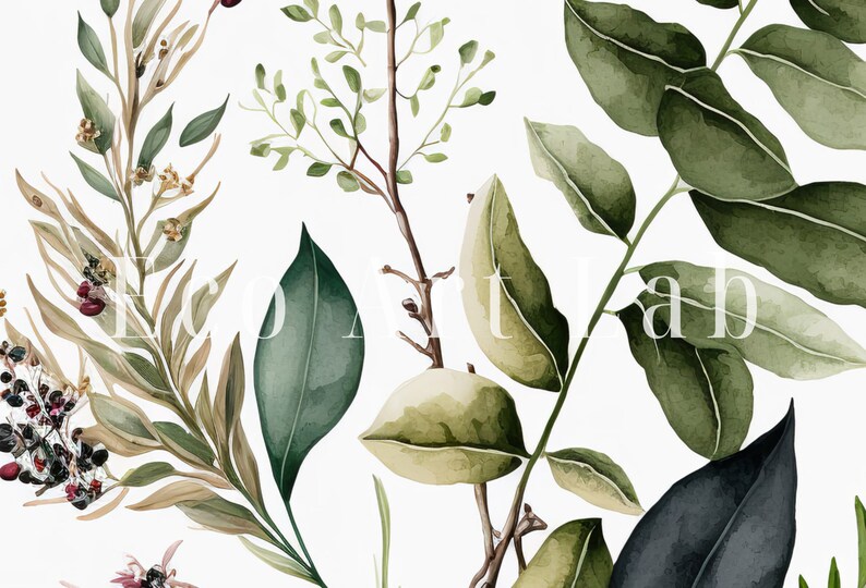 May include: Watercolor illustration of various green leaves and branches with brown stems. The leaves are in shades of green, with some having a yellow tint. The branches are thin and delicate, and the leaves are arranged in a random pattern.