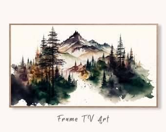 Samsung Frame TV Art 4K Watercolor Mountain Forest Landscape Digital Painting. Instant Download Forest Art for Samsung Frame TV. Art for TV