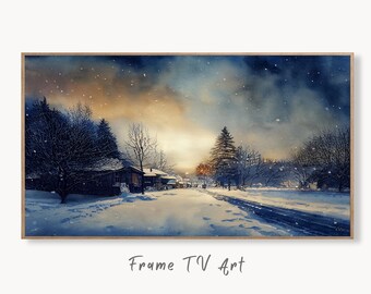 Samsung Frame TV Art 4K Rustic Winter Country Landscape Watercolor Painting. Instant Download Sunset Art for Frame TV. Nature Art for TV