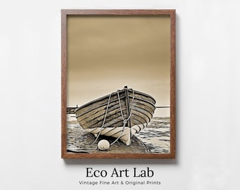 Boat on the Shore Print, Nautical Wall Decor, Printable Wall Art Prints, Instant Download Neutral Wall Art. Boat Print Coastal Wall Art