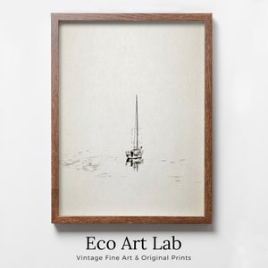 Sailboat Art Print Nautical Wall Art. Minimalist Boat Artwork. Lone Sail Boat at Sea. Neutral Sailboat Decor. Printable Download Digital Art