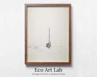 Sailboat Art Print Nautical Wall Art. Minimalist Boat Artwork. Lone Sail Boat at Sea. Neutral Sailboat Decor. Printable Download Digital Art