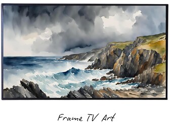 Nautical Decor Frame TV Art. Coastal Home 4K Wall Art. Watercolor Landscape Ocean Scene.