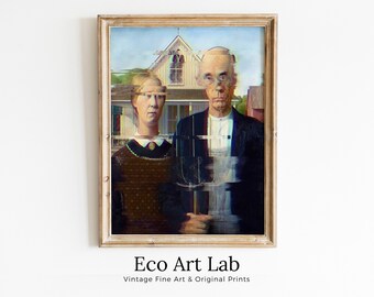 American Gothic Glitch Art Altered Classic Painting. Surreal Portrait Downloadable Print. Altered Vintage Famous Grant Wood Printable Art