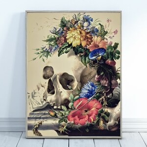 May include: A vintage illustration of a human skull adorned with a colorful floral wreath. The skull is white with visible bone details, and the flowers are a mix of pink, red, blue, yellow, and green.