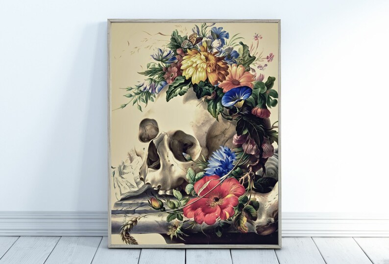 May include: A vintage illustration of a human skull adorned with a colorful floral wreath. The skull is white with visible bone details, and the flowers are a mix of pink, red, blue, yellow, and green.