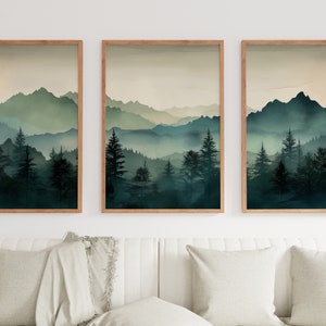 Aquarelle de paysage de montagne. Ensemble de 3 tableaux minimalistes. Art mural Montagne et forêts vert sauge. Décoration