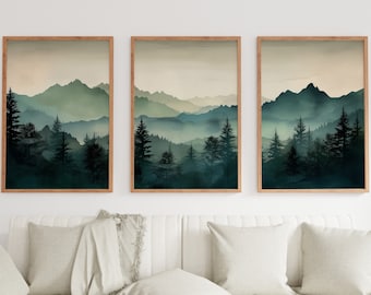 Sage Green Mountain 3-teilige Wandkunst | Aquarell Berglandschaft | Abstrakte Natur Poster | Modernes Minimal Dekor | Kiefernwald Wall Art