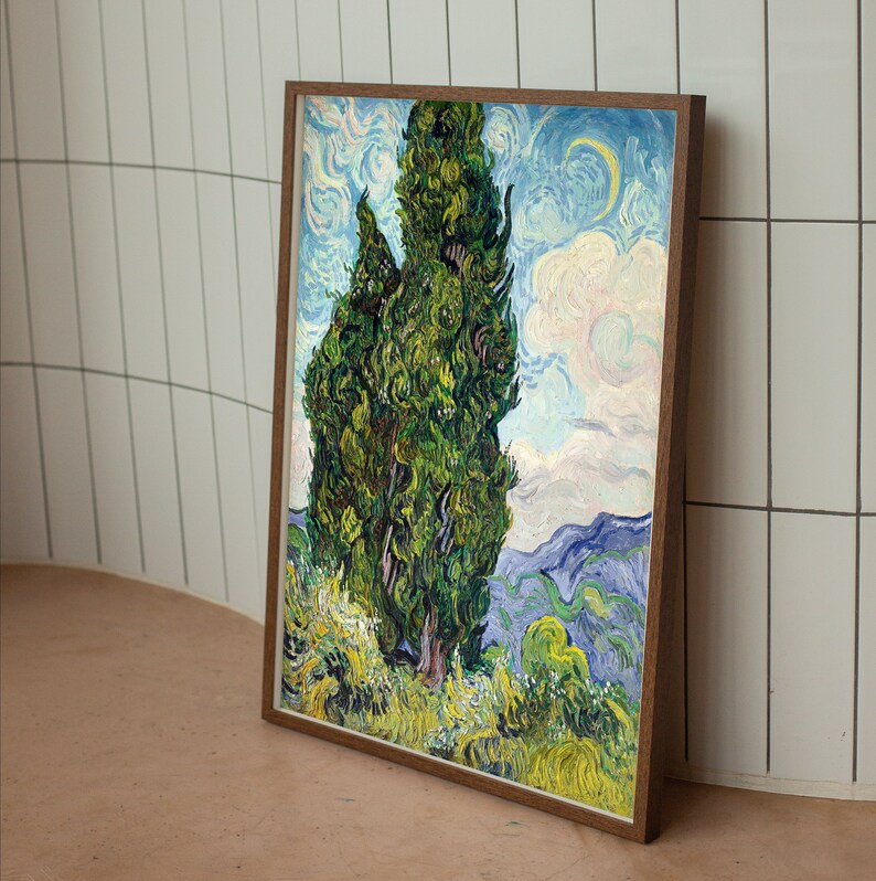 May include: A framed painting of a cypress tree in a landscape setting. The painting is done in a style reminiscent of Vincent van Gogh, with swirling brushstrokes and vibrant colors.