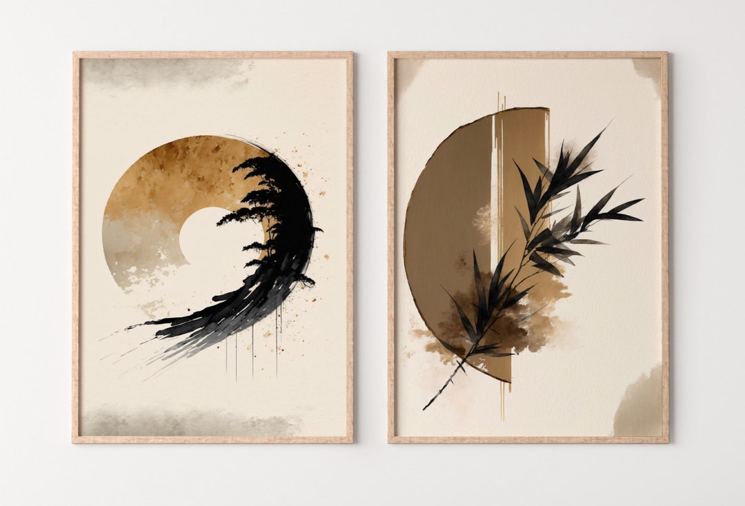 Modern Neutral Abstract Printable Wall Art Set of 2. Black & Beige Wabi ...