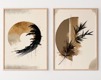 Modern Neutral Abstract Printable Wall Art Set of 2. Black & Beige Wabi Sabi Abstract Prints, Minimalist Zen Gallery Wall, Japandi Wall Art