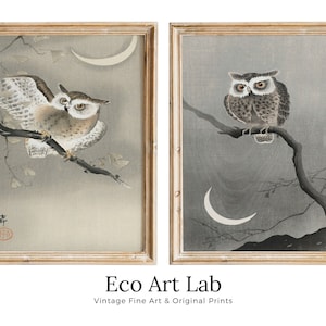 Owl Paintings Vintage Japanese Art Posters. Set of 2 Prints Instant Download Owl on Branch Japanese Owl Painting. Printable Japanese Owl Art