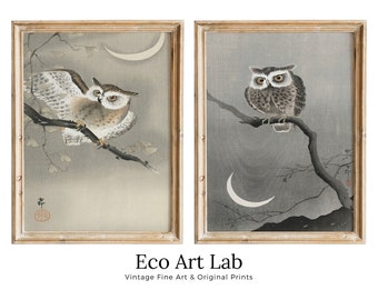Owl Paintings Vintage Japanese Art Posters. Set of 2 Prints Instant Download Owl on Branch Japanese Owl Painting. Printable Japanese Owl Art