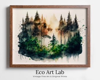 Watercolor Abstract Forest Landscape Printable. Minimalist Forest Trees Painting Print. Printable Wall Art. Nature Decor. Forest Digital Art