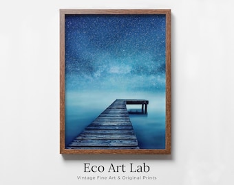 Wooden Pier at Night Printable Wall Art, Wooden Pier Print, Pier on Lake Print, Starry Night Sky Lake Landscape Wall Decor, Wood Jetty