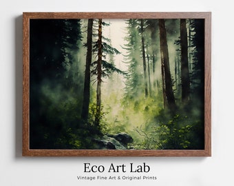 Green Watercolor Dense Forest Landscape Printable. Printable Wall Art. Digital Art. Forest Trees Painting Print. Nature Decor. Forest Art