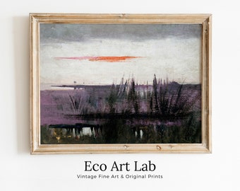 Antique Moody Abstract Lake Landscape Oil Painting. Instant Download Rustic Printable Wall Art. Abstract Vintage Lake Painting Digital Print