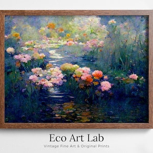 Flowers on Pond Monet Inspired Digital Painting. Instant Download Floral Decor. Monet Botanical Print Printable Wall Art. Abstract Decor