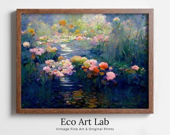 Flowers on Pond Monet Inspired Digital Painting. Instant Download Floral Decor. Monet Botanical Print Printable Wall Art. Abstract Decor