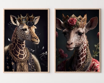 King & Queen Giraffes Set of 2 Prints. Digital Painting Printable Wall Art. Couple Giraffes Poster. 2 Piece Wall Art Contemporary Animal Art