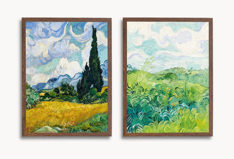 May include: Two framed paintings of landscapes by Vincent van Gogh. The first painting shows a field of wheat with a tall cypress tree in the background. The second painting shows a field of green grass with a blue sky in the background.