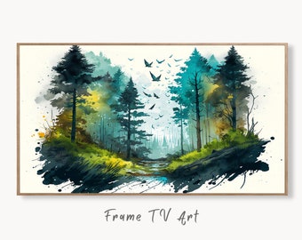 Samsung Frame TV Art 4K Forest Landscape w/ Birds Watercolor Digital Painting. Instant Download Forest Art for Samsung Frame TV. Art for TV