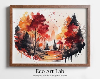 Forest Landscape Printable. Watercolor Autumn Forest Trees Painting Print. Printable Wall Art. Digital Art Nature Decor. Mountain Forest Art