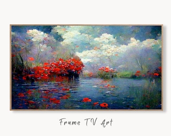 Samsung Frame TV Art 4K Flowers River & Clouds Monet Inspired Digital Painting. Instant Download Landscape Art for Frame TV. Botanical Art