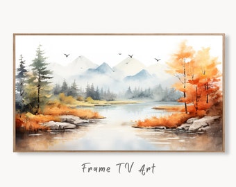 Samsung Frame TV Art 4K Mountain Lake & Forest Fall Landscape Painting. Instant Download Forest Art for Samsung Frame TV. Art for TV